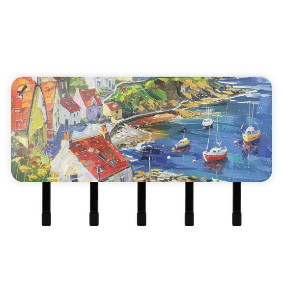 Coastal Village Houses Mail Holder Organizer Wall Mount with Shelf Key Holder Key Rack with 5 Key Hooks for Wall Decorative