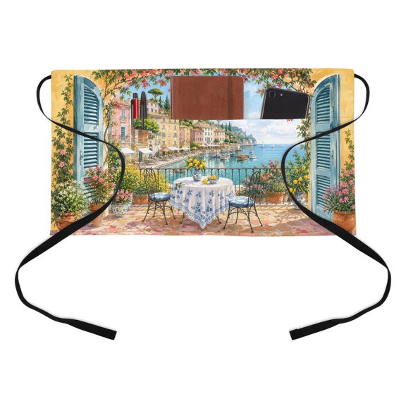Coastal Village Kitchen Restaurant Half Waist Apron, Rustic Open Window Balcony Table Lemon Landscape Server Short Apron with 3 Pockets Waterproof Oil Waist Aprons for Women Waitress Waiter