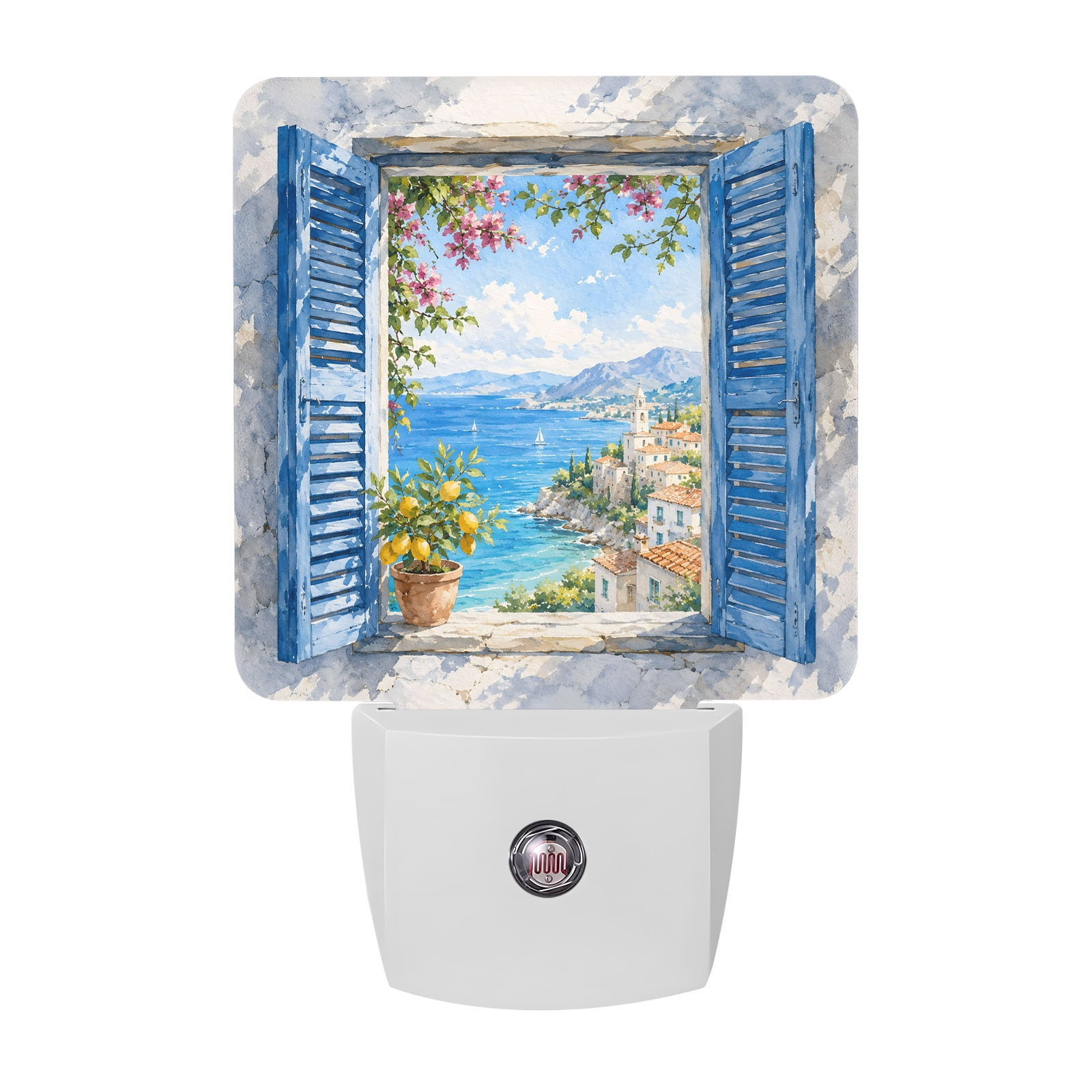 Fake Led Window Night Coastal Village LED Night Light, Blue Open Window Lemon Floral Vines ...