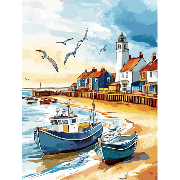 Coastal Village Lighthouse Boats Seascape Canvas Print/Wall Art Suitable for Living Room Bedroom Office Kitchen and Bathroom Decoration.