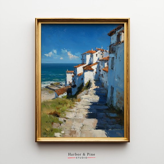 Coastal Village Pathway Ocean View Summer Landscape, Unframed Paper Poster 8x10in