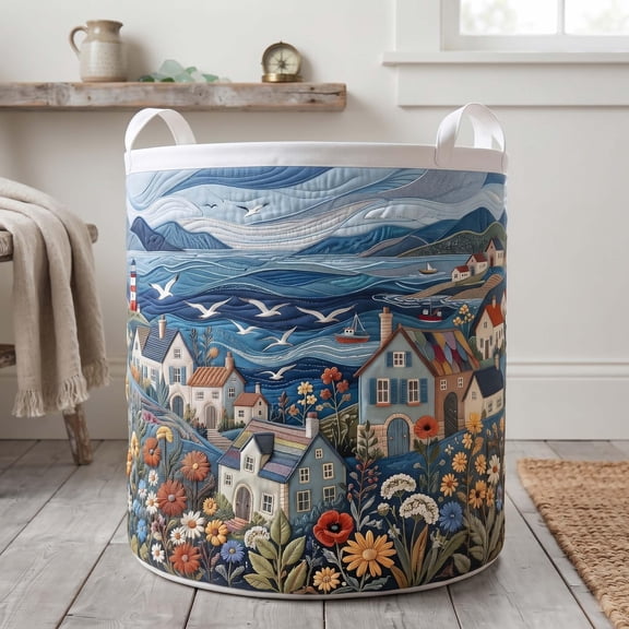 Coastal Village Quilted Laundry Basket: Ocean Beach Storage Bin, Housewarming Gift