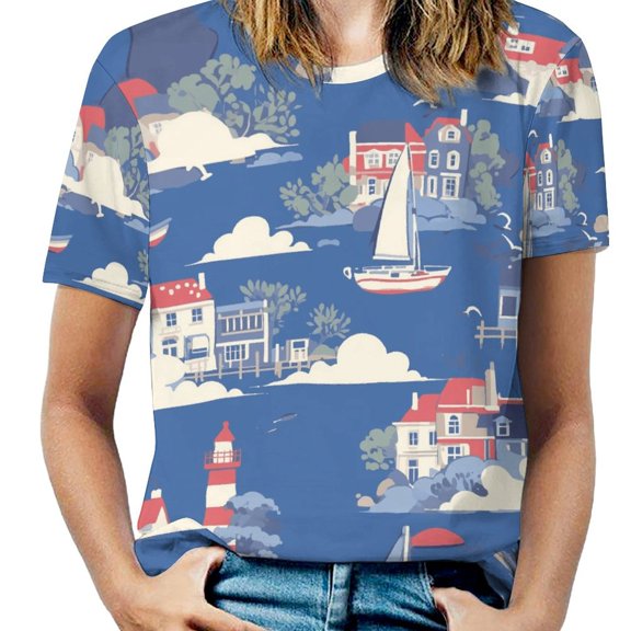 Coastal Village Scene Women's Short Sleeve T-Shirt Crew Neck Casual Summer Trendy Loose Fit Tops