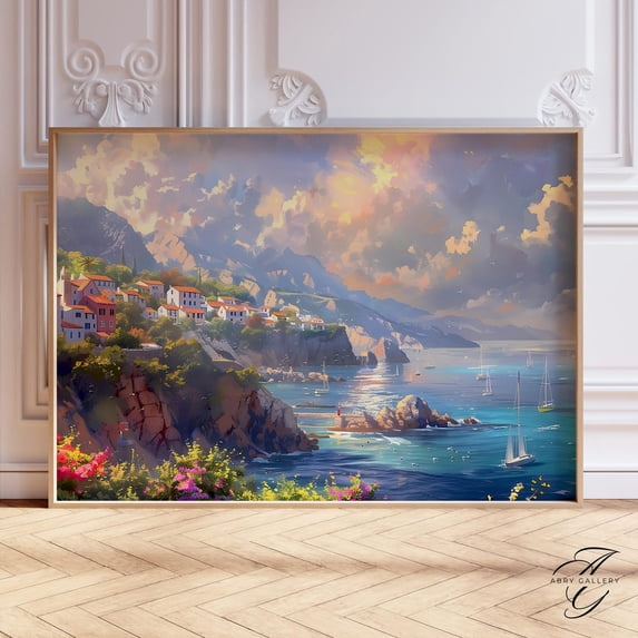 Coastal Village Sunset Giclée Poster: Mediterranean Seaside Wall Art ...