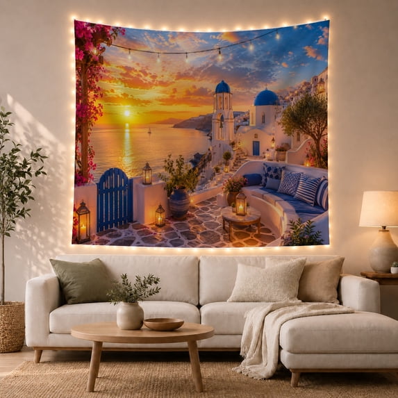 Coastal Village Sunset with Lanterns on Cobblestone Terrace, Romantic Coastal for Beach Lovers, Scenic Wall Art, Housewarming Gift, Tapestry Wall Hanging for Bedroom and Living Room