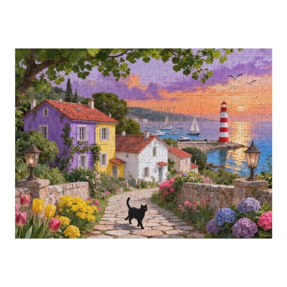 Coastal Village Sunset Nautical Scene Wooden Jigsaw Puzzle 1000 Pieces for Adults, Challenging Brain Teaser Indoor Activity, Scenic Coastal Artwork, Relaxing Tabletop Leisure