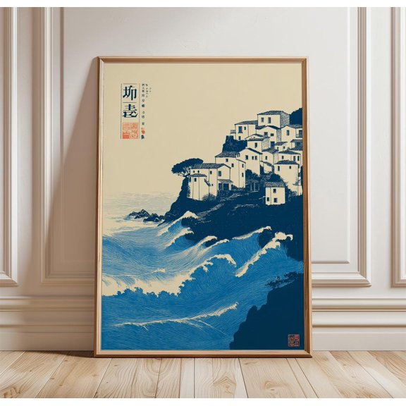 Coastal Village Wave Japanese Seascape Blue Ocean Decorative Interior Wall Art Poster