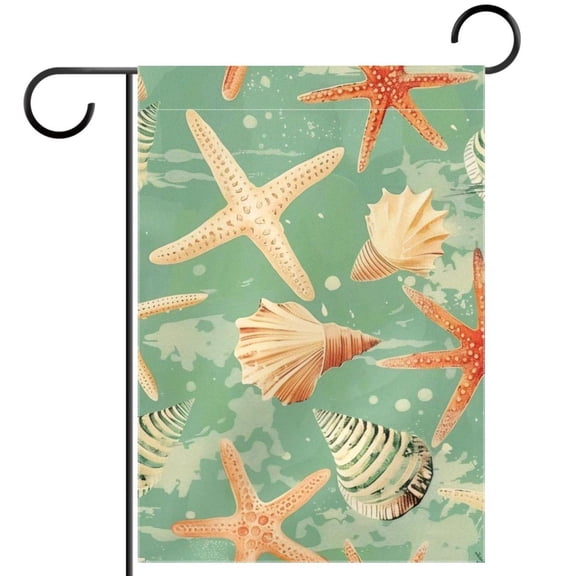Coastal Vintage Green Retro Seashells Pattern Decorative Garden Flag for All Seasons, 12 x 18 Inch Small Vertical Double Sided Outside Decoration for Yard Farmhouse