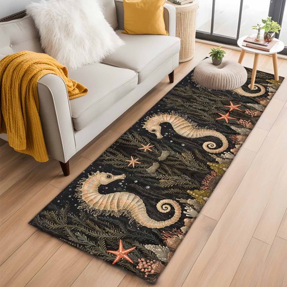 Coastal Vintage Seahorse Kitchen Runner Rug 2x6 Washable Runners for Hallway Non Slip Summer Ocean Starfish Coral Large Area Rug Indoor Floor Carpet for Bathroom Laundry Entryway Bedroom Living Room