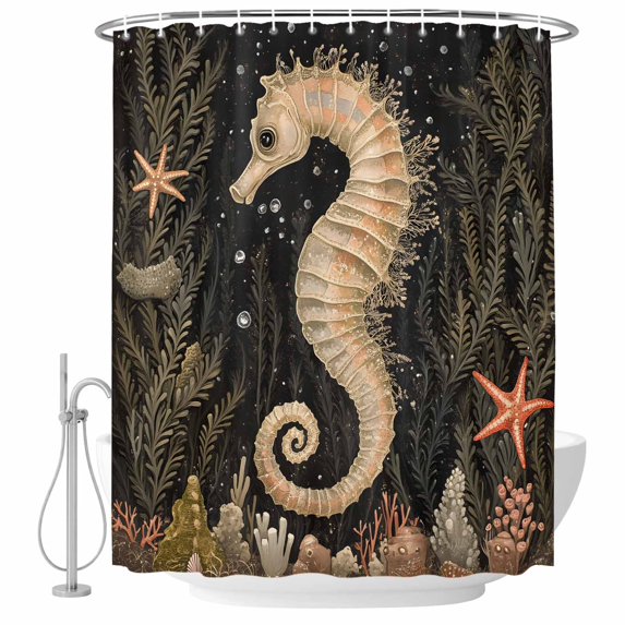Coastal Vintage Seahorse Shower Curtain Set - Standard 72" x 72" Washable Bathtub Curtain with 12 Hooks, Summer Ocean Starfish Coral Waterproof Fabric Stall Shower Curtains for Bathroom Décor
