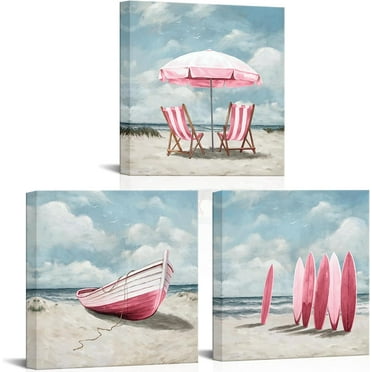 Coastal Wall Art Beach Landscape Painting Pink Bathroom Decor Picture Framed 12inx12inx3Pieces (Pink)