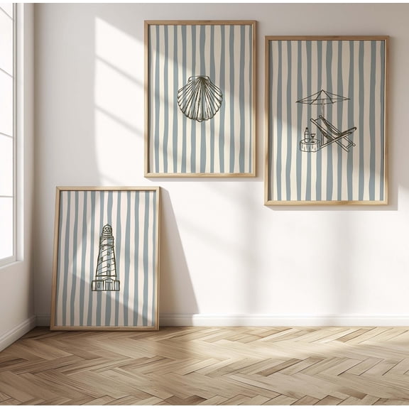 Coastal Wall Art Blue Nautical Lighthouse and Shell Prints Set 3 Unframed Paper Print 20x30