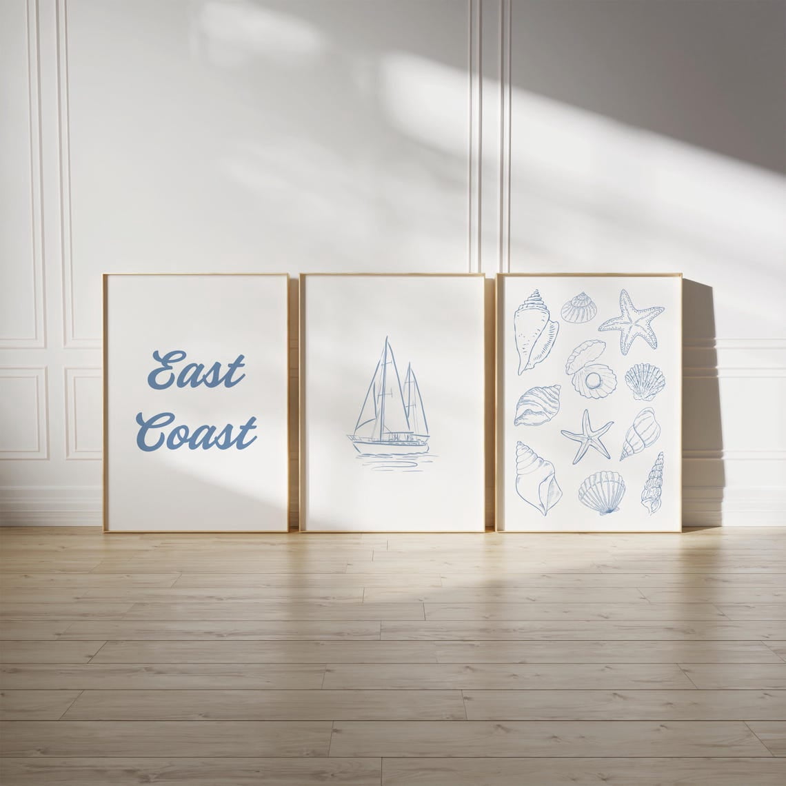 Coastal Wall Art Blue and White Sailboat Seashell Prints Set 3 ...