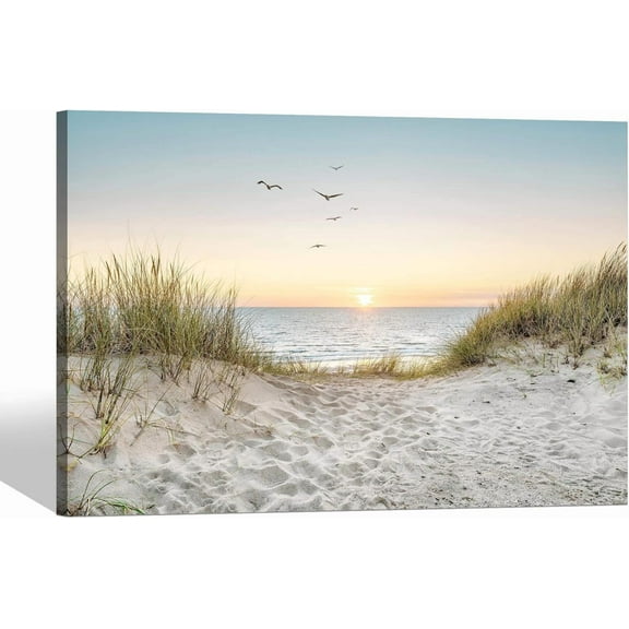 Coastal Wall Art Canvas Picture: Modern Beach Sunset Landscape Print Decor Horizontal Ocean Scene Sea Painting Seascape Seaside Seashore Artwork for Living Room Bedroom Home