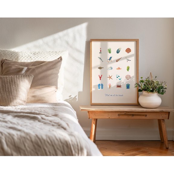Coastal Wall Art, Meet Me at the Beach Print, Seaside Icons Print, Coastal Bathroom Decor, Summer Art Print, Hand Illustrated Nautical Art Poster , Poster Print Only