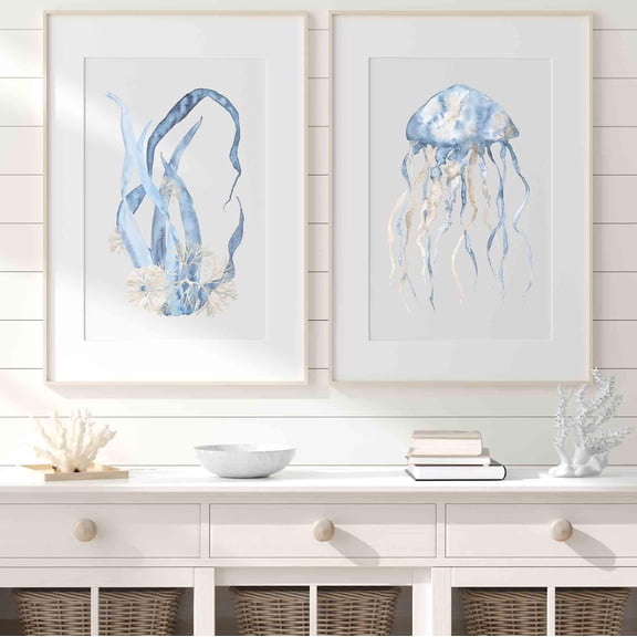 Coastal Wall Art Minimalist Nursery Decor Nautical Watercolor Artwork Gift for Baby Blue Beige Seaweed Jellyfish Prints Poster Set 2
