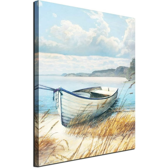 Coastal Wall Art Ocean Beach Canvas Seascape Boat Pictures Mountain Landscape Nature Painting Farmhouse Print Artwork Framed for Bathroom Living Room Bedroom Office Home Decor 12"x16"