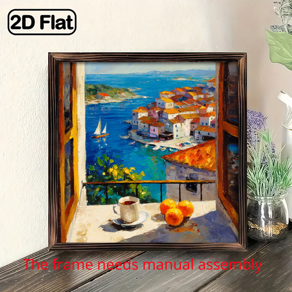 Coastal Wall Art Ocean View with Coffee and Orange Tree Summer Window Landscape Artwork Seascape Painting Beach House Living Room Bedroom Dcor Wooden Board Painting 8x8inch
