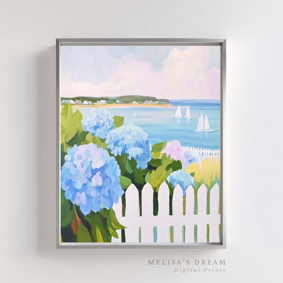 Coastal Wall Art Print Hydrangeas & Ocean View, Nautical Beach Cottage Decor, Summer Seaside Floral Landscape Artwork Wall Art, Modern Wall Decor, 12x18 UNFRAMED