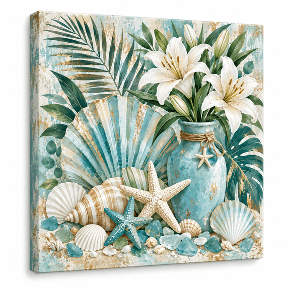 Coastal Wall Art, Seashell Canvas, Beach House Decor, 12x12in Stretched Canvas Wall Art with Inner Frame, Printed Picture for Home Living Room Bedroom Decor