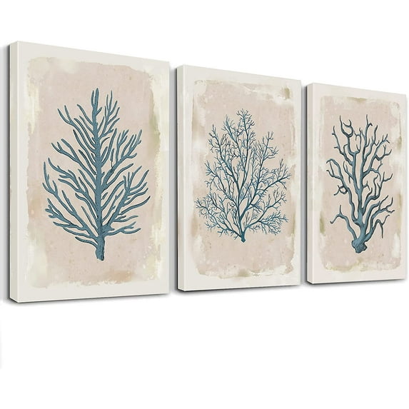 Coastal Wall Art Set For Bathroom - Dingo Blue Coral On Beige Background Artwork Print For Nautical, Ocean Theme Wall Decor, 12" x 16" x 3