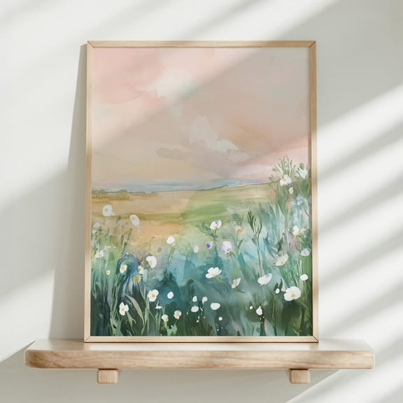 Coastal Wall Art, Wildflower Field Landscape, Vintage Summer Beach Decor, Coastal Wildflower Field Landscape Unframed Paper Print