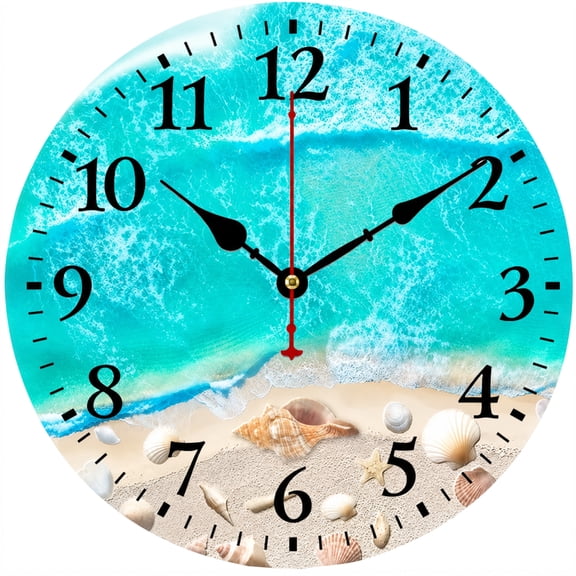 Coastal Wall Clock 9.84 Inch, Beach Ocean Wave Decor, Nautical Sea Shell Analog Clock, Battery Operated Home Decor for Living Room Kitchen Bedroom