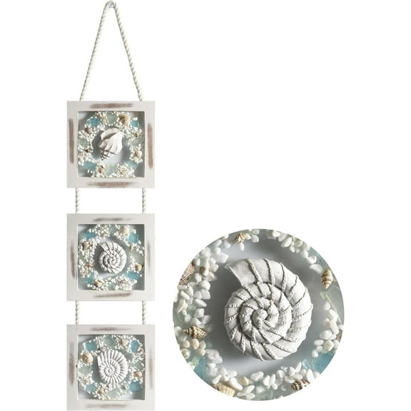 Coastal Wall Decor 3d Seashell Starfish Conch Wall Hanging, 25.2 * 5.9 Inches Beach Nautical Ocean Theme Bathroom Home Decorations Summer Sea Shell Art