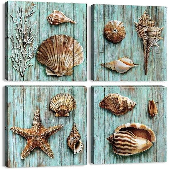 Coastal Wall Decor Beach Bathroom Seashell Wall Art Ocean Decor Rustic Teal Blue Conch Shell Artwork Canvas Farmhouse Nautical Starfish Pictures Bedroom Kitchen Living Home Decorations 12x12" 4 Pcs