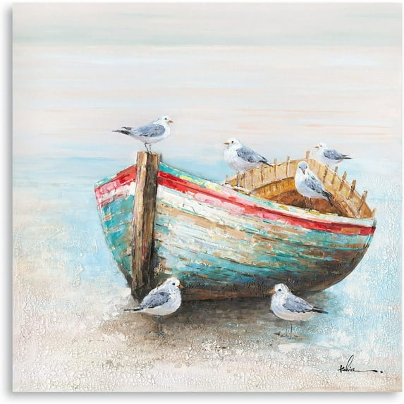 Coastal Wall Decor Seagull Decor Coastal Seascape Art Sailboat Artwork for Walls Seagull Canvas Prints Wall Art Prints for Mediterranean Style Living Room Wall Decor Gallery Artwork 13.5"x13.5"x1