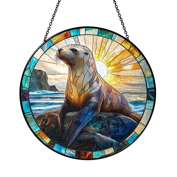 Coastal Walrus Stained Glass Suncatcher – Nature Window Decor