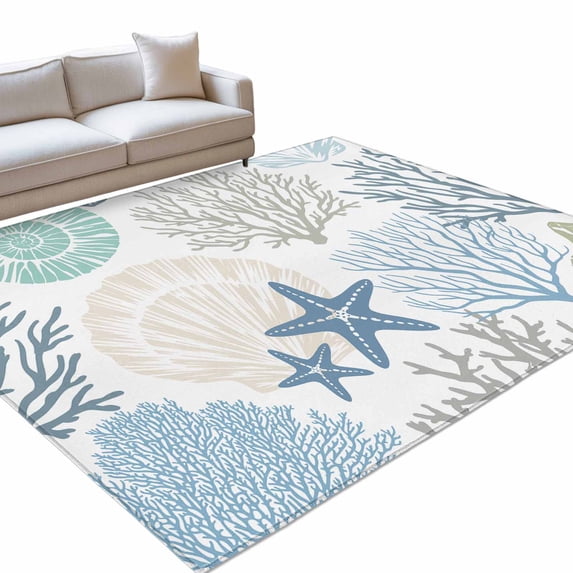 Coastal Washable Rug 2.7x5 Area Rug for Living Room Bedroom Non Slip Indoor Floor Rectangle Carpet Soft Low Pile Large Summer Beach Nautical Coral Starfish Entryway Rugs for Dining Room Office Home