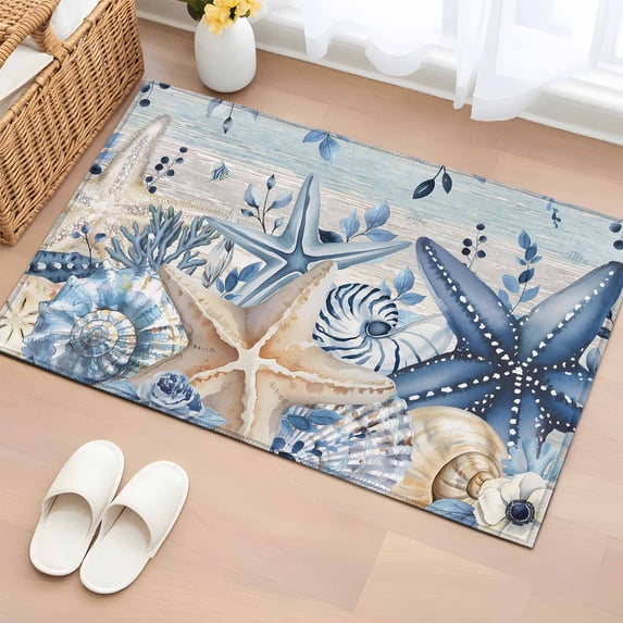Coastal Washable Small Entryway Area Rugs 2'x3', Ocean Blue Beige Starfish Shells Leaves Wood Grain Low Pile Throw Rug Non-Slip Sturdy Edge Binding Carpet for Front Door Floor Room Entry