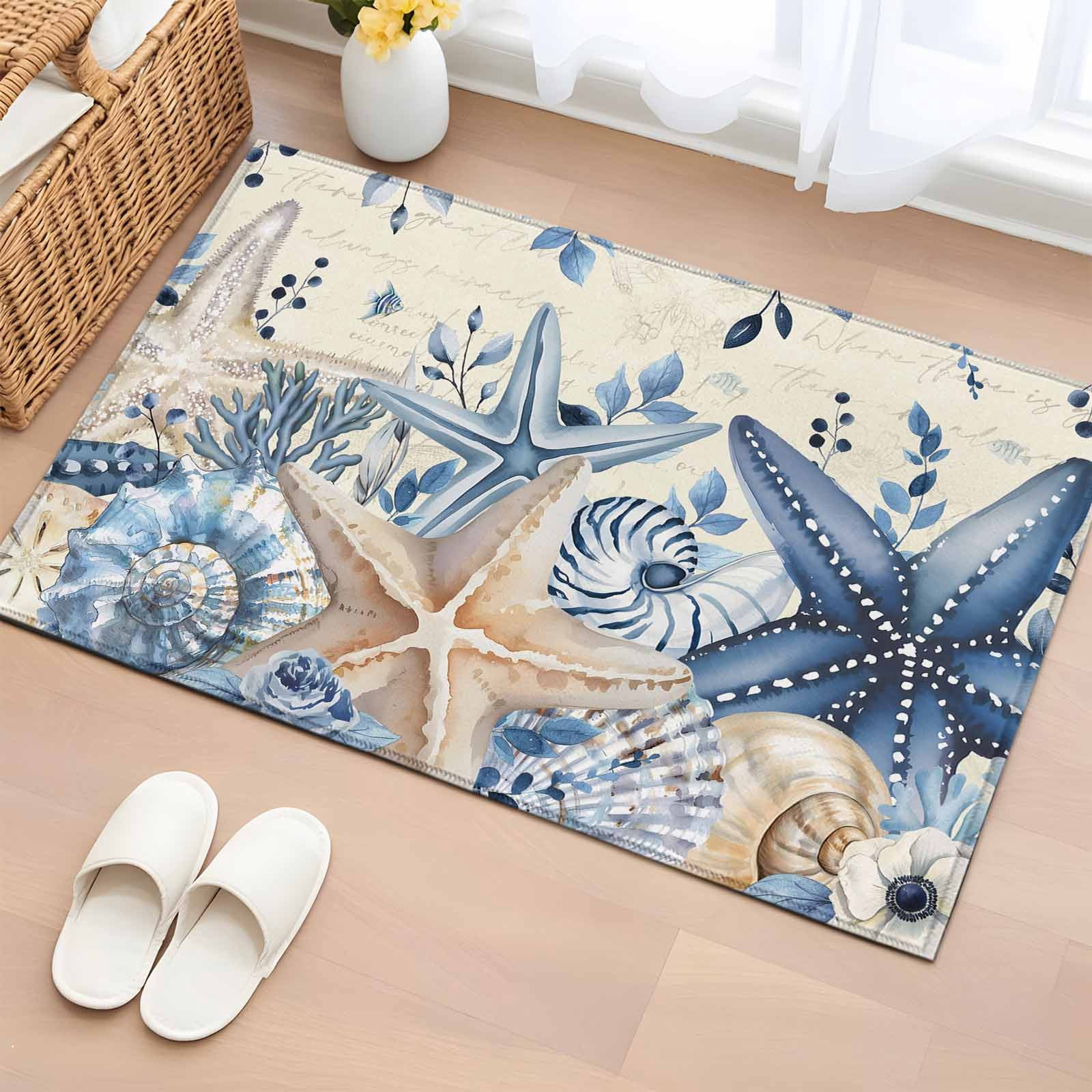Baby Shell Rug Coastal Washable Small Entryway Area Rugs 2'x3', Ocean Blue Beige ...