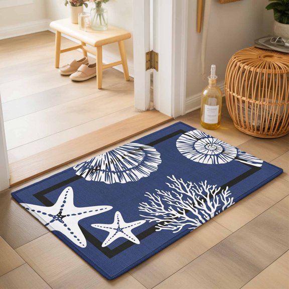 Coastal Washable Small Entryway Area Rugs 2'x3', Starfish Shell Coral Rustic Navy Blue Washable Throw Rug Non-Slip Sturdy Edge Binding Carpet for Front Door Floor Room Entry