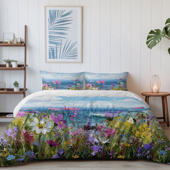 Coastal Watercolor Wildflowers California King Size Bed Set,Blue Sky White Clouds Bedding for All Seasons,4 Pcs Bed Set with 1 Quiltcover (96"x104"),1 Sheet (110"x98"),2 Pillowcases (20"x36")