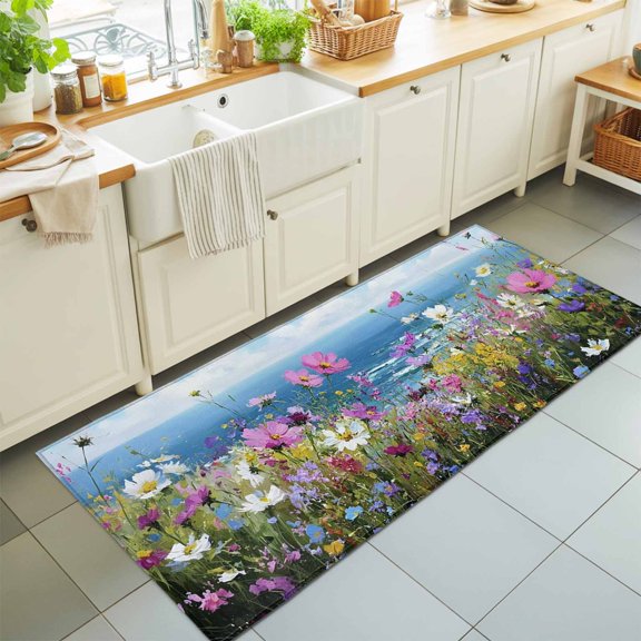 Coastal Watercolor Wildflowers Rectangle Area Rug 2x6ft,Living Room Rug Non-Slip Washable Circle Rugs Pad,Blue Sky White Clouds Soft Floor Carpet for Bedroom Dining Room