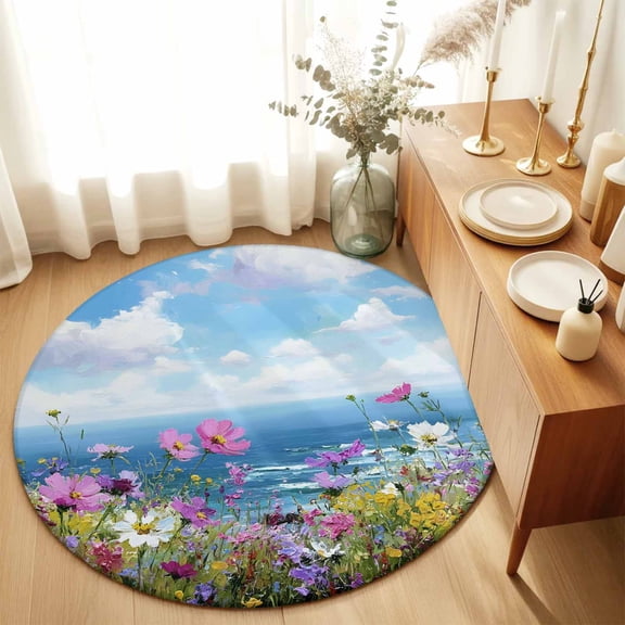 Coastal Watercolor Wildflowers Round Rug 3ft Blue Sky White Clouds Washable Area Rugs for Living Room Bedroom Entryway Non Slip Entrance Door Mat Indoor Floor Carpet