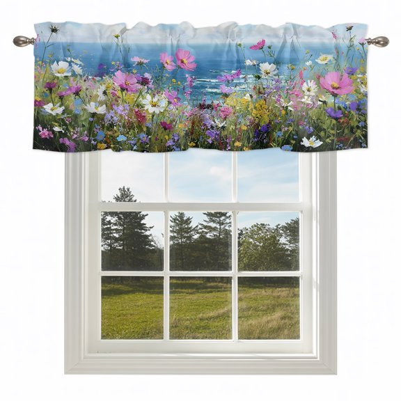 Coastal Watercolor Wildflowers Valances for Windows Blue Sky White Clouds Rod Pocket Curtain Valance Window Treatment Short Curtains for Kitchen Living Room,42x12in
