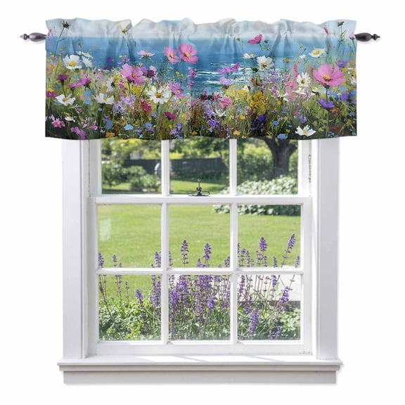 Coastal Watercolor Wildflowers Valances for Windows,Kitchen Valance Rod Pocket Short Curtain, Blue Sky White Clouds Valance Curtain Window Valances for Bedroom Bathroom Living Room 42x12in