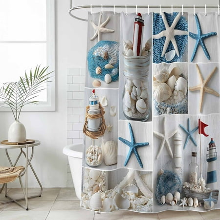 Coastal Waterproof Fabric Shower Curtain,Summer Beach Starfish Nautical Sea Shell Waterproof Fabric Shower Curtain for Bathroom Curtains Bathtubs Hotel Shower Curtains with 12 Hooks Extra Long 72x96