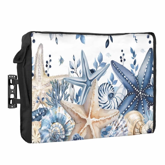 Coastal Waterproof Outdoor TV Cover, Ocean Blue Beige Starfish Shells ...