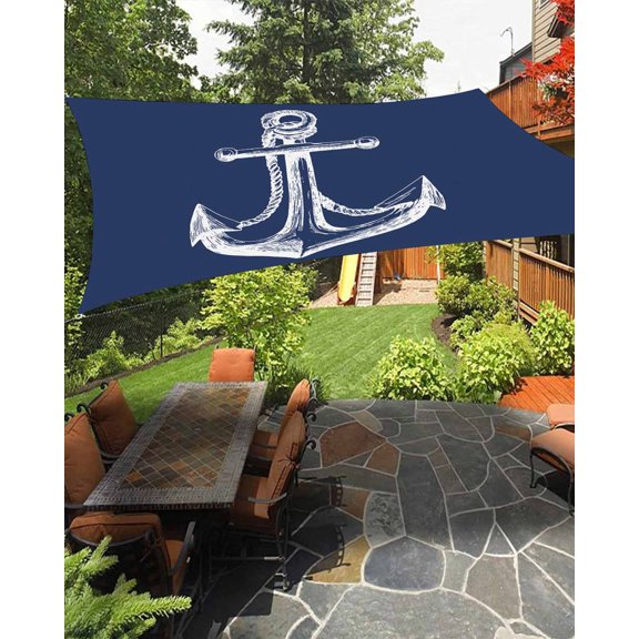 Coastal Waterproof Sun Shade Sail Illustration Anchor Rope Navy Blue Outdoor Patio Sun Shades Canopy UV Block Waterproof Sunshade for Garden Backyard Deck Pergola 6.5x10 Ft
