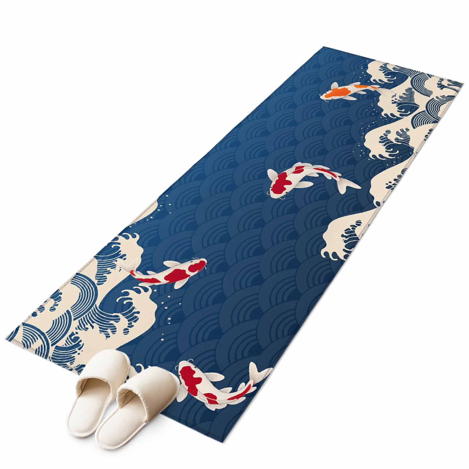 Coastal Wave 2'x6' Runner Rug, Japanese Style Ocean Fish Blue Washable ...