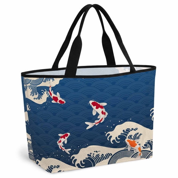 Coastal Wave Beach Bag for Women, Large Breathable Mesh Beach Tote Bag, Japanese Style Ocean Fish Blue Sandproof Lightweight Travel Bags for Vacation Picnic Swimming Pool 15.7"x15.7"x9.1"