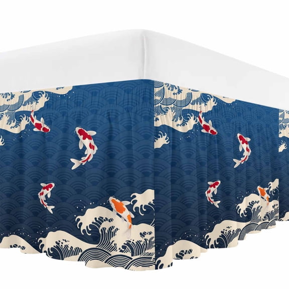 Coastal Wave Bed Skirt Cal King Size, Japanese Style Ocean Fish Blue Wrap Around Bed Skirting with Adjustable Elastic Strap, Dust Ruffled Pleated Bedskirts 18 Inch Drop for Bedroom Cal King Beds
