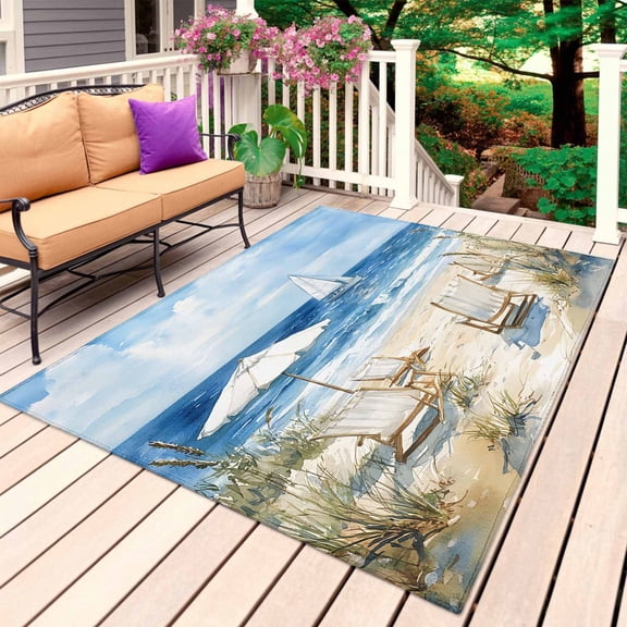 Coastal Wave Bliue Outdoor Rug 5x8 Ft, Non Slip Washable Area Rug, Ocean Oil Painting Sea Beach Plant Patio Rugs Carpet Runner, Large Floor Mat for Indoor/Outdoor Deck Porch Camping