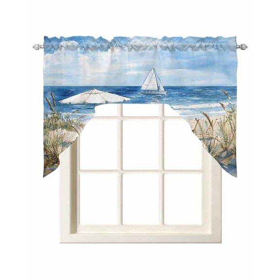 Coastal Wave Bliue Swag Valances for Windows, Small Curtains Drapes, Ocean Oil Painting Sea Beach Plant Kitchen Window Curtains Over Sink Window Treatment Valance for Bedroom/Bathroom 56"x36"