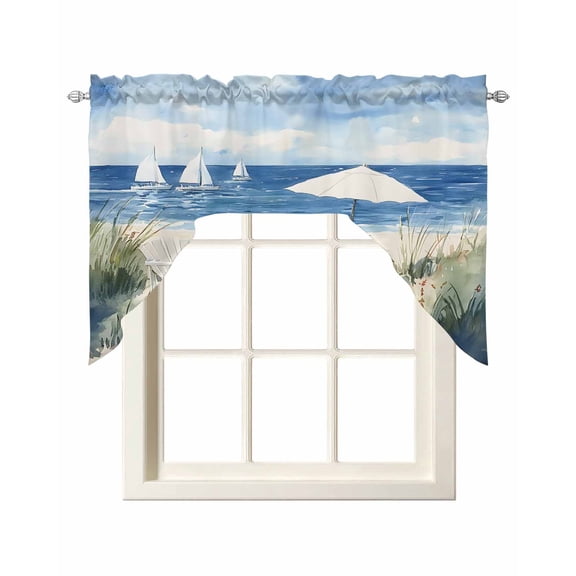 Coastal Wave Blue Swag Valances for Windows, Small Curtains Drapes, Nautical Ocean Beach Sea Oil Painting Kitchen Window Curtains Over Sink Window Treatment Valance for Bedroom/Bathroom 56"x36"