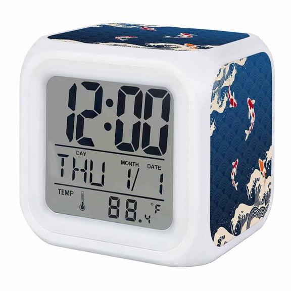 Coastal Wave Digital Alarm Clock for Bedrooms, Smart LED Alarm Clock with 7 Color Changing Night Light, Japanese Style Ocean Fish Blue Silent Wake Up Clocks for Sleep Study Cooking 3.2"x3.2"